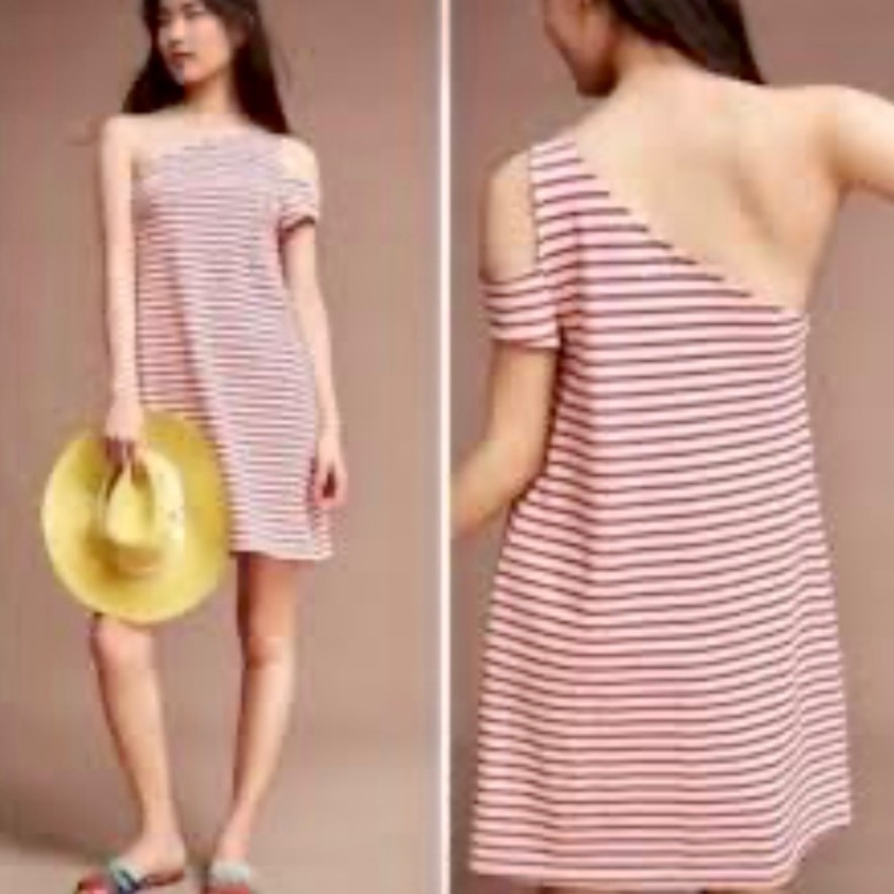 Anthropologie Maeve Marketa One-Shoulder Red Stripe Dress Sz Medium Jersey Knit😍